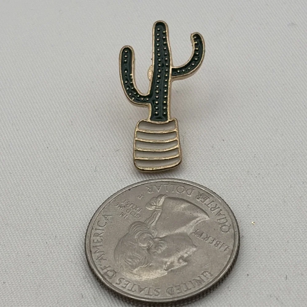 Cactus Succulent Plant Cartoon Lapel Hat Pin Enamel Gold Tone Green White